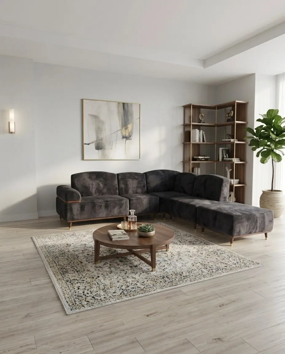 Antrasit kadife L köşe koltuk takımı, ceviz kitaplıklı ferah salonda